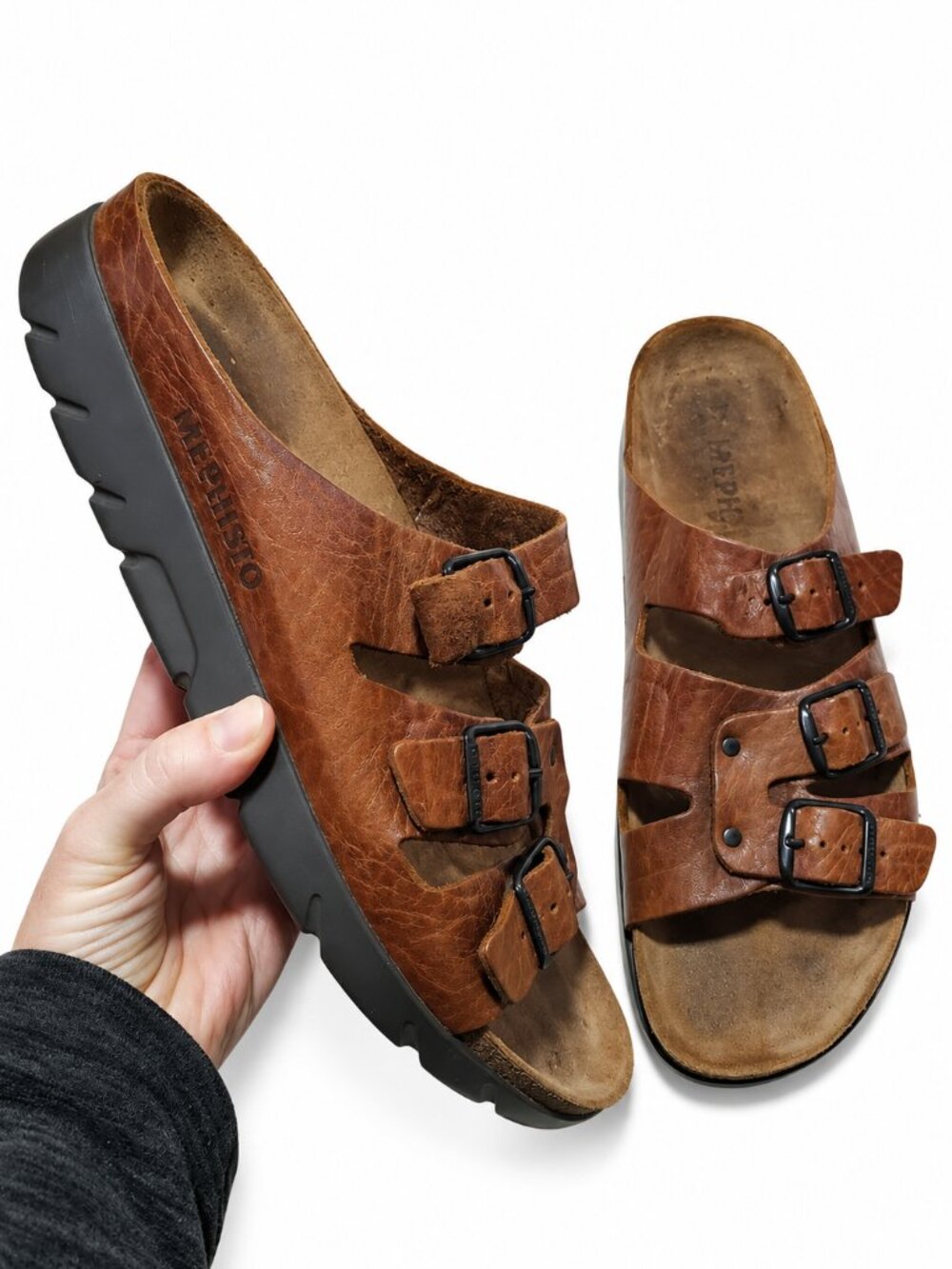 MEPHISTO Zach Fit Brown Leather Orthopedic Slide Sandals Sz 46EU Comfort Casual